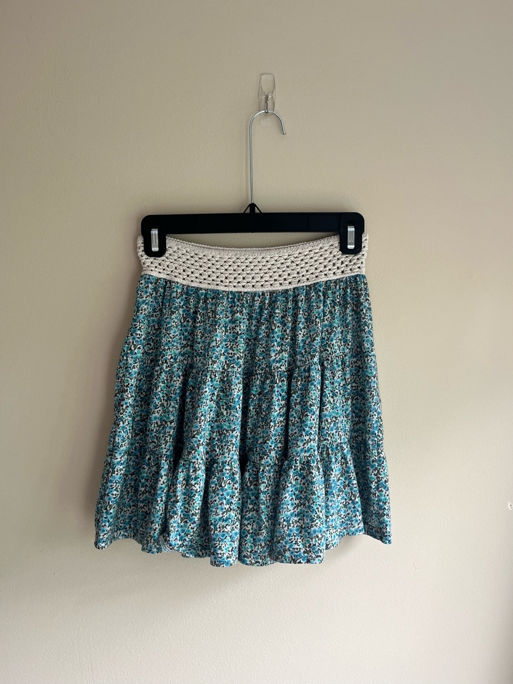 Bohemian Bella D. White Crochet Waist Teal Floral Mini Skirt